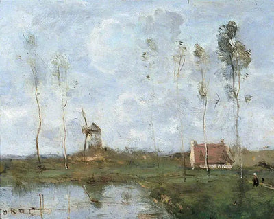 Paysage avec un chalet et un moulin à vent - Jean-Baptiste Camille Corot - Alpha Reproduction