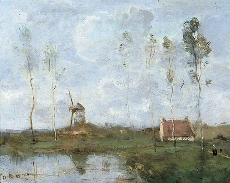 Manzara, bir kulübe ve bir rüzgar değirmeni ile - Jean-Baptiste Camille Corot