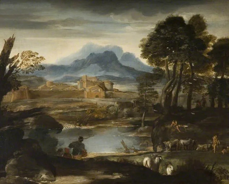 Göl ve surlarla çevrili bir şehir ile manzara - Pietro da Cortona