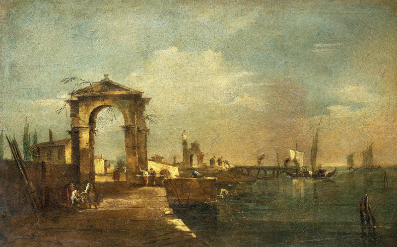 Bir kıyı ve göldeki teknelerle manzara - Francesco Guardi