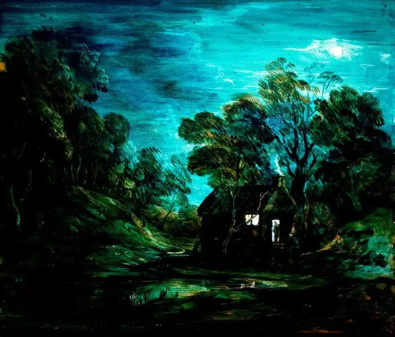 Ayışığında ağaçlık manzara, havuz ve kulübe kapısında silüet - Thomas Gainsborough