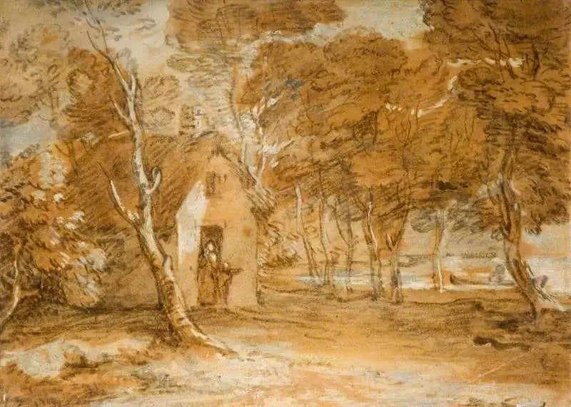 Ağaçlık Manzara ile Kır Evi, Figürler ve Gemi, Bir Göl Üzerinde - Thomas Gainsborough