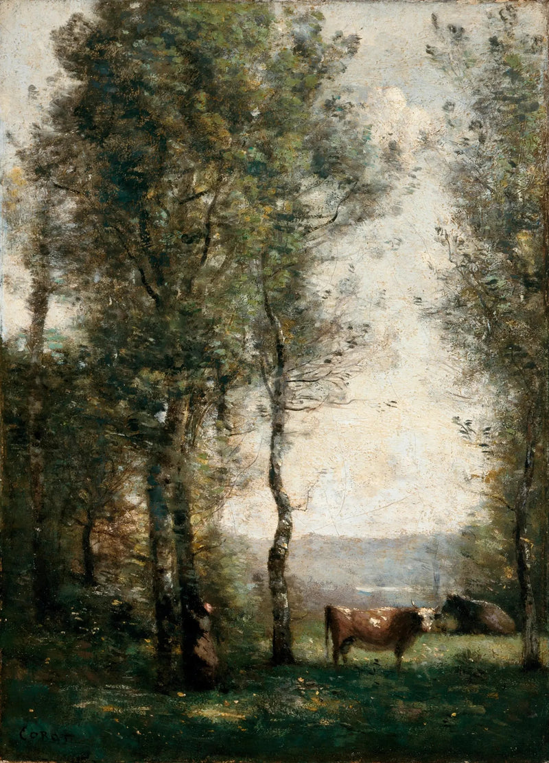 Ağaçlık Manzara ve Çayırda İnekler - Jean-Baptiste Camille Corot