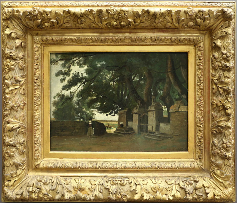 Bretanya Manzarası. Büyük ağaçlar tarafından gölgelenmiş bir ızgara - Jean-Baptiste Camille Corot