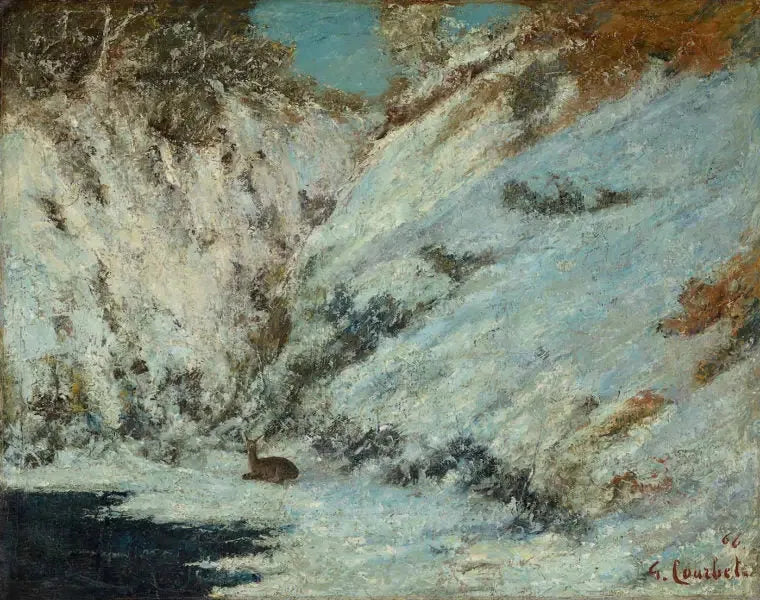 Jura'da kar manzarası, geyik ile - Gustave Courbet