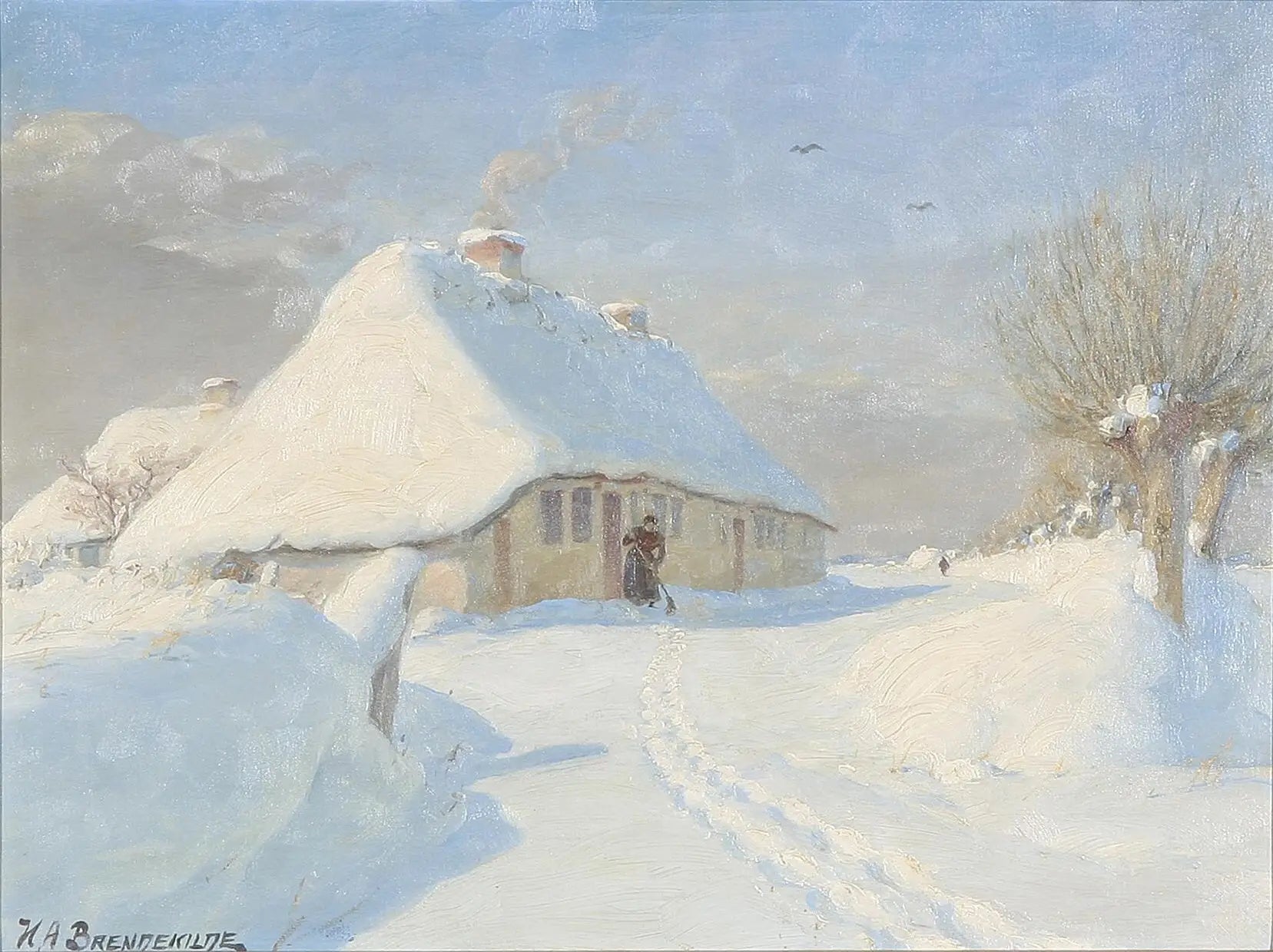 Paysage d’hiver avec une femme dans une ferme. - H. A. Brendekilde - Alpha Reproduction