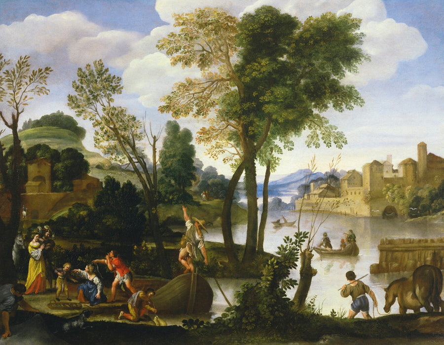 Nehir Manzarası, Sandalcılar ve Balıkçılar ile, Nehir Kenarında Yürüyüş Yapan Şık Bir Çift - Domenichino