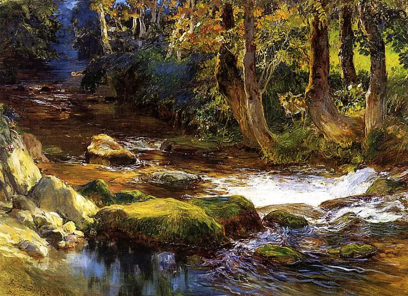 Nehir Manzarası ve Geyikler - Frederick Arthur Bridgman
