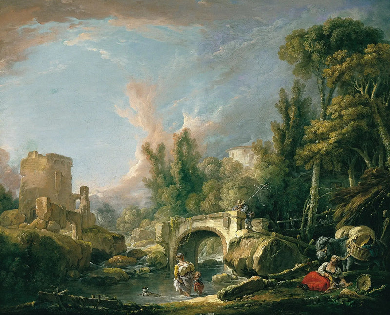 Nehir Manzarası, Harabe ve Köprü - François Boucher