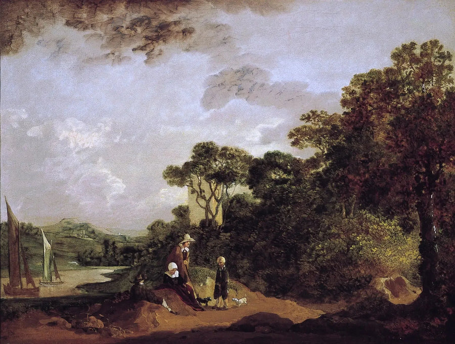 Ağaçlıklı Nehir Manzarası, Dinlenen Çiftçiler ve Kilise Çanı - Thomas Gainsborough