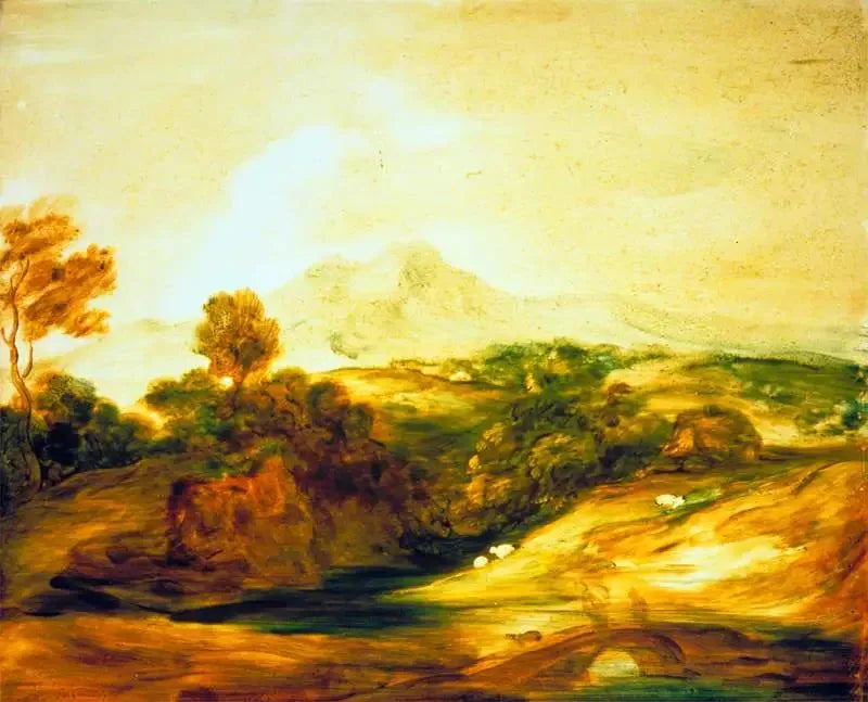 Ağaçlı Nehir Manzarası, Köprü Üzerinde Figürler, Bir Ahşap Ev, Koyunlar ve Uzak Dağlar - Thomas Gainsborough