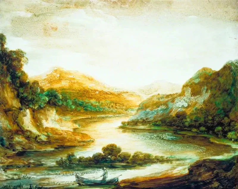Ağaçlıklı Nehir Manzarası, Bir Sandalda Balıkçı, Yüksek Kıyılar ve Uzak Dağlar - Thomas Gainsborough