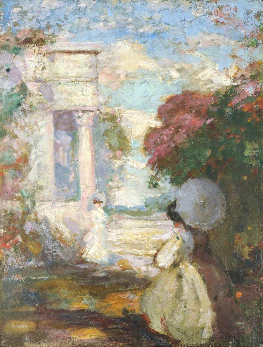 19. yüzyıl kıyafetleri giymiş iki karakterle lirik manzara - Charles Conder
