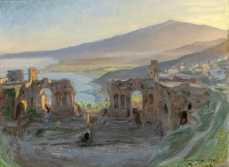 Taormina antik tiyatrosu yakınlarında gece manzarası, Etna ve Körfez manzarasıyla - Peder Severin Krøyer
