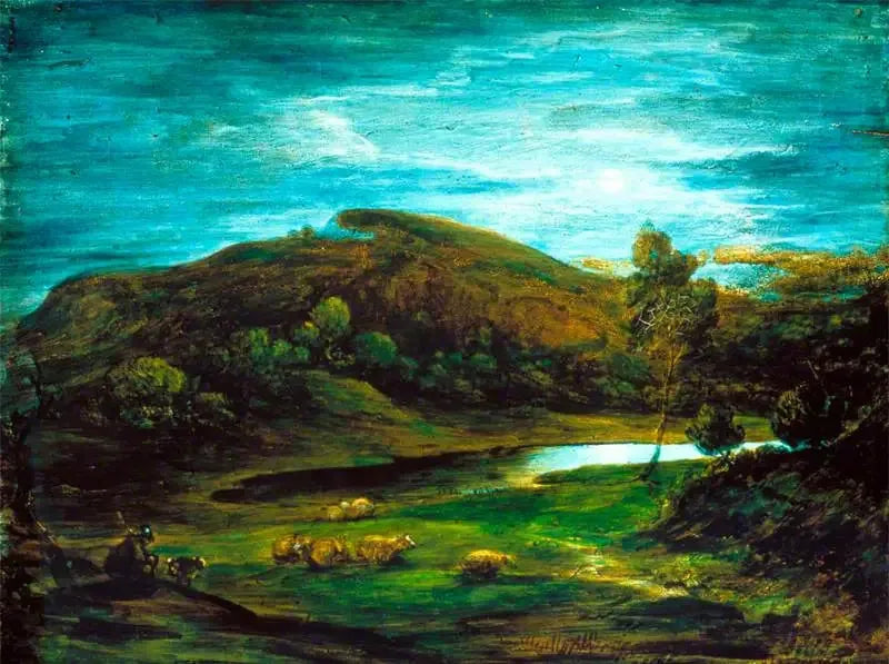 Açık manzara, bir çoban, koyunlar, bir havuz ve uzak tepeler - Thomas Gainsborough