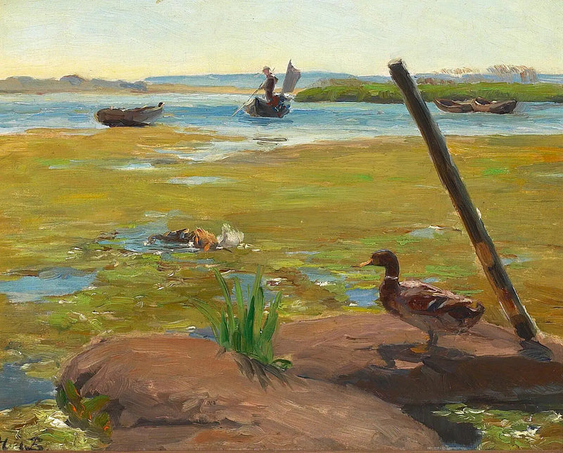 Jyllinge yakınlarında manzara ve bir ördek. Arka planda, bir adam punt yapıyor. - H. A. Brendekilde