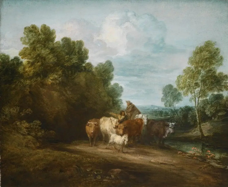Kayalık ve ağaçlık manzara, atlı çiftçi, çoban ve sığır sürüsü, uzakta bina - Thomas Gainsborough