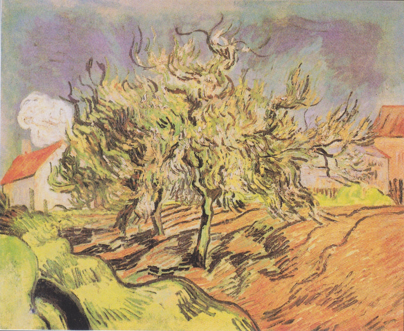 Üç ağaç ve evler ile manzara - Vincent van Gogh