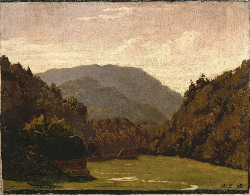 Hilly manzara, ahşap kulübeler ve ova içindeki dere - Arnold Böcklin