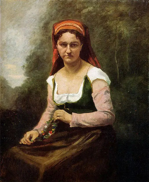 Yeşillikler içinde oturan köylü kadın, çiçekli bir çelenk tutuyor - Jean-Baptiste Camille Corot