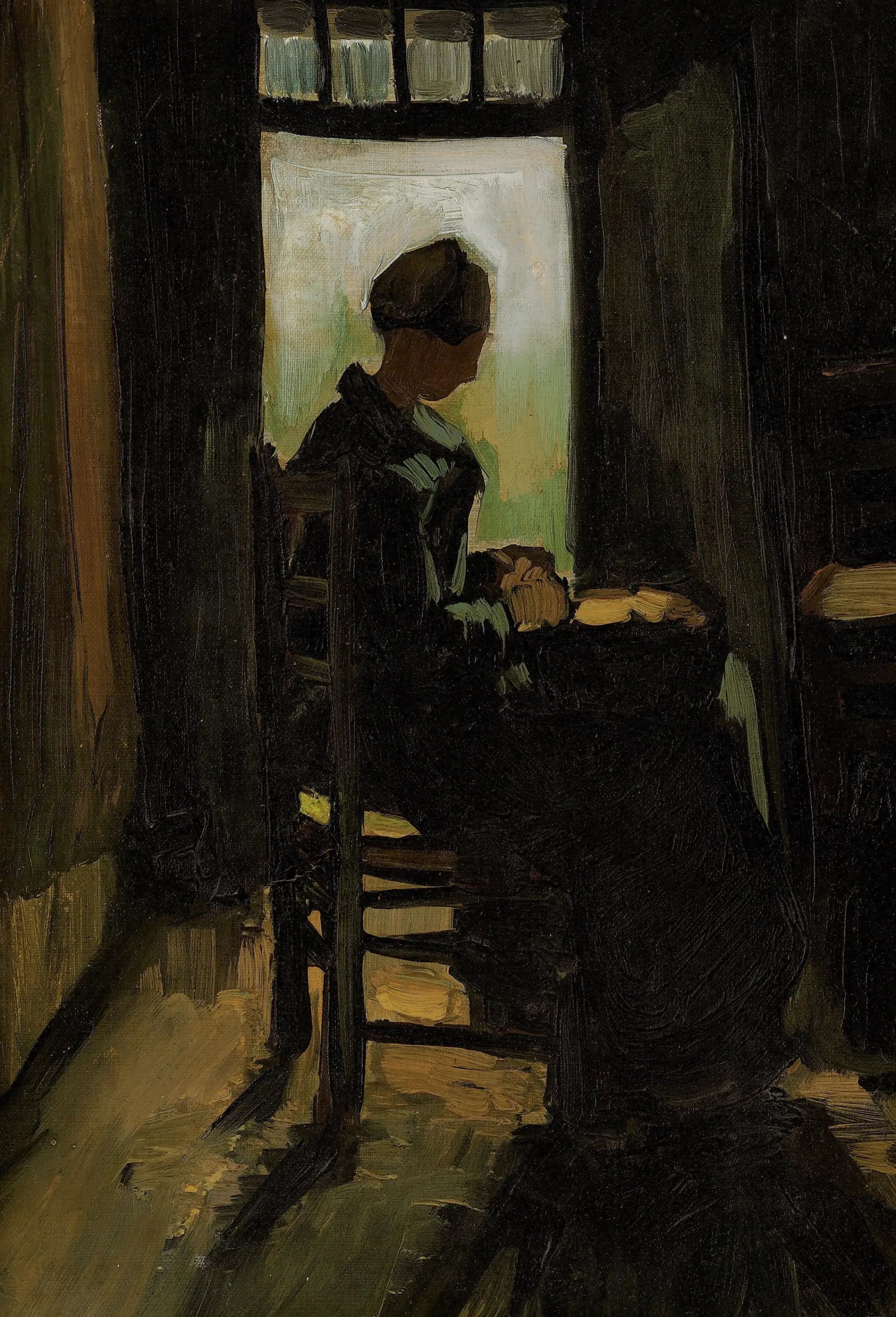 Paysanne assise devant une porte ouverte, épluchant des pommes de terre - Vincent van Gogh image 1 copie de tableau peinte à la main