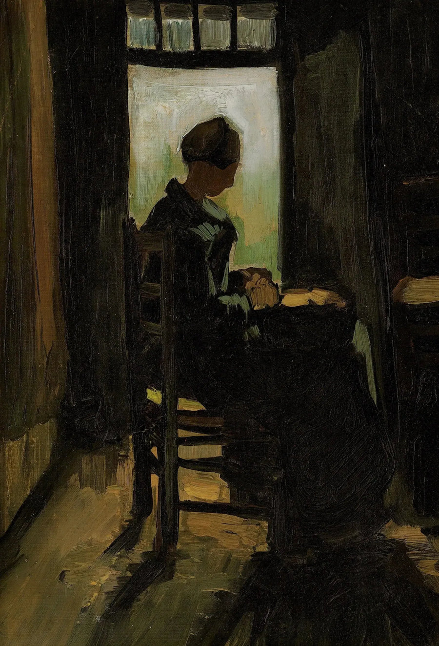 Açık bir kapının önünde oturan köylü kadın, patates soyuyor - Vincent van Gogh