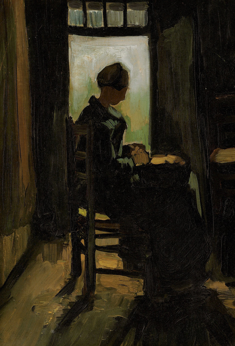 Açık bir kapının önünde oturan köylü kadın, patates soyuyor - Vincent van Gogh