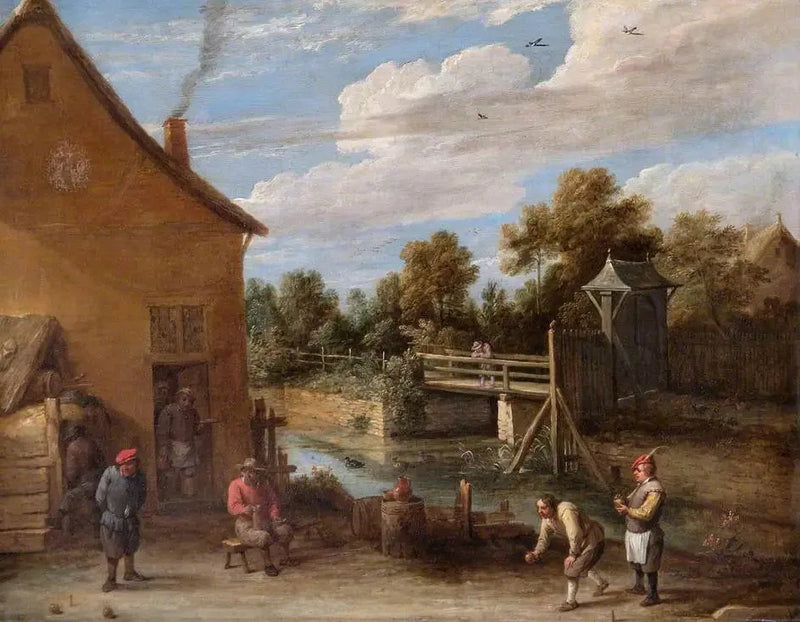 Bir Nehri Kenarındaki Bir Kırda Bir Hanın Önünde Top Oynayan Çiftçiler - David Teniers genç