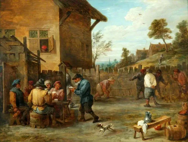 Çiftçilerin kart ve kegel oynadığı avlu - David Teniers le Jeune