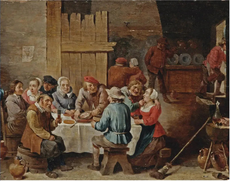 Çiftçiler içerde yemek yiyip içiyor - David Teniers le Jeune