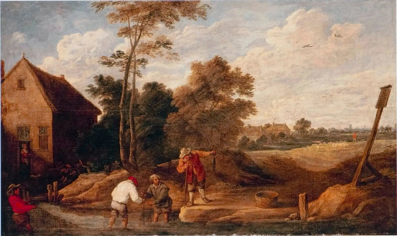 Çiftçiler dere kenarında balık tutarken, bir kulübe yakınında - David Teniers le Jeune