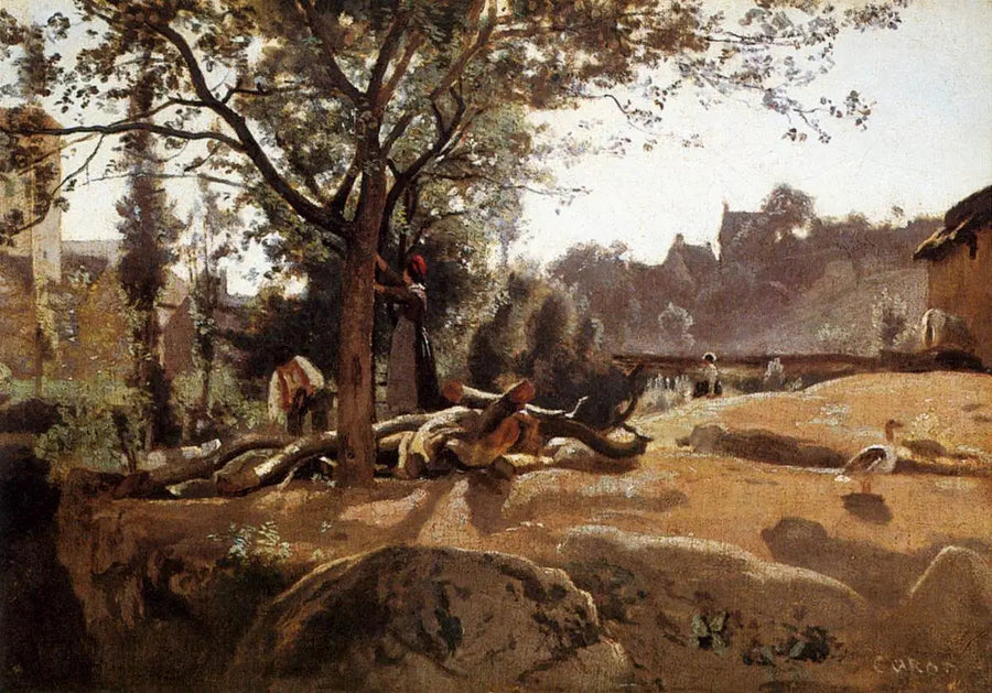 Çiftçiler ağaçlar altında şafakta - Jean-Baptiste Camille Corot