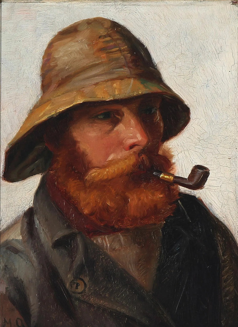 Kızıl sakallı balıkçı, sarı yağmurluk giymiş ve piposunu tüttürüyor. - Michael Peter Ancher