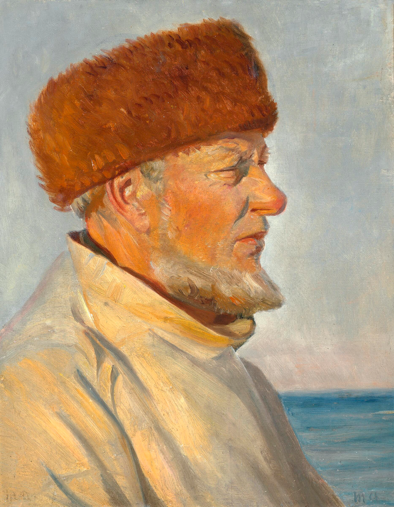 Skagenli balıkçı, güneşli plajda kürklü şapka takmış. - Michael Peter Ancher
