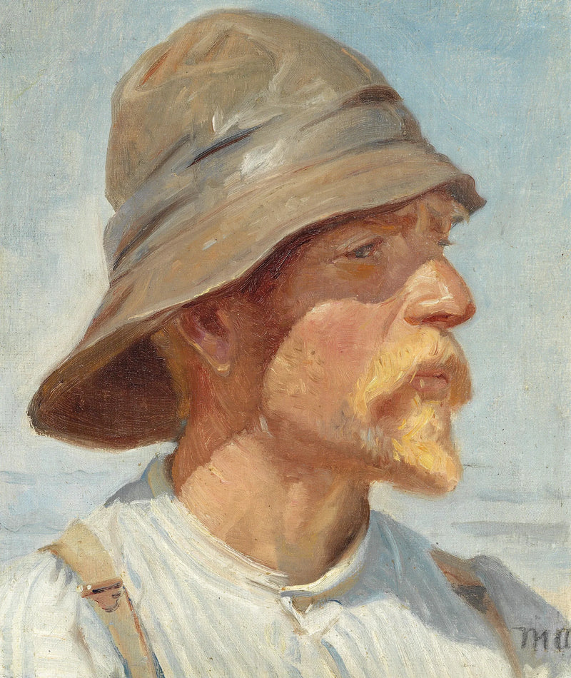 Skagen balıkçısı, yağmurluk, çizgili gömlek ve askılar giyiyor. - Michael Peter Ancher
