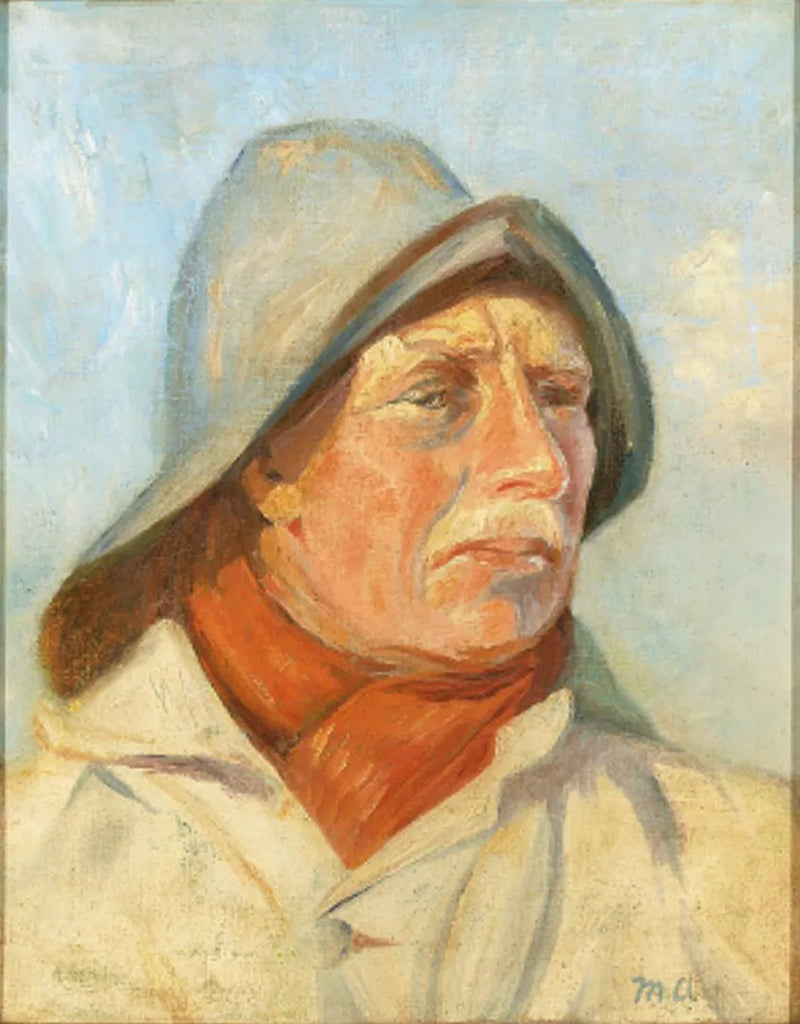 Balıkçı kırmızı şal ve yağmurluk giymiş. - Michael Peter Ancher