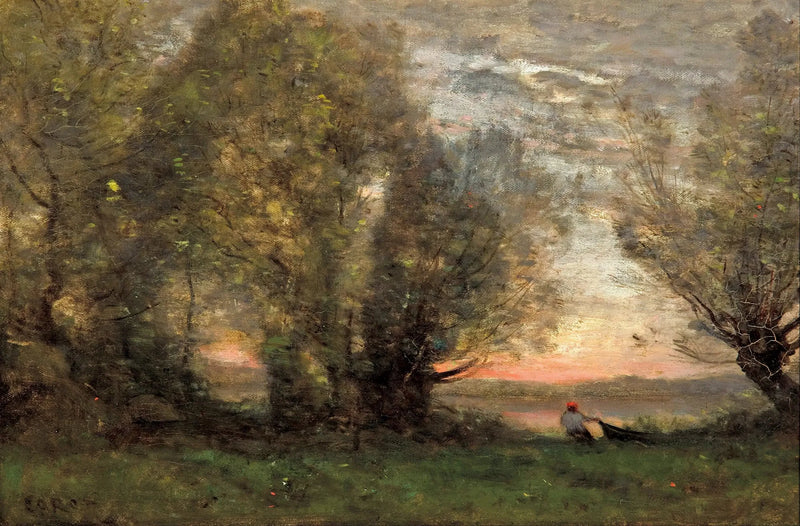 Balıkçı, eski bir söğüt ağacına yakın teknesini çekerken, akşam etkisi - Jean-Baptiste Camille Corot