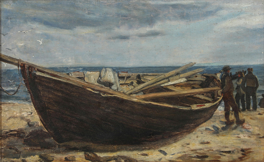 Skagen plajında balıkçılar ve bir tekne - Michael Peter Ancher