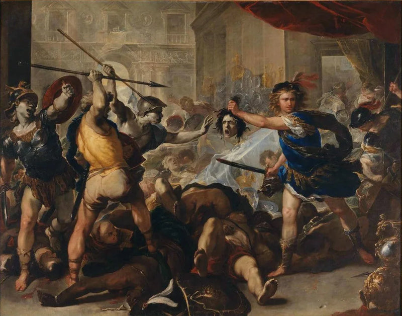 Persée, Phinée ve yoldaşlarını taşa çevirdi - Luca Giordano