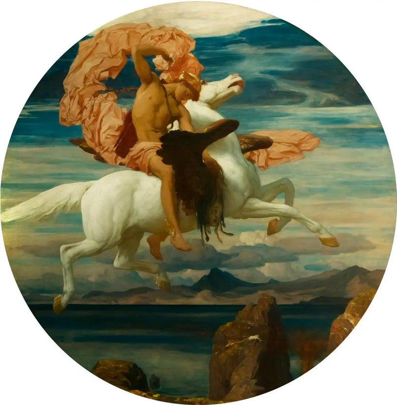 Perseus, Pegasus üzerinde, Andromeda'ya yardım etmek için acele eder - Frederic Leighton