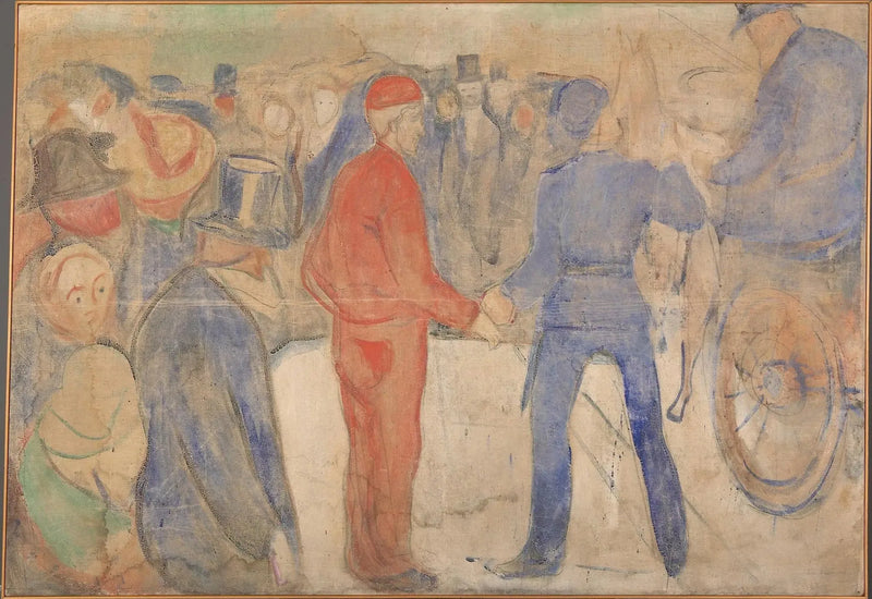 Kırmızı giysili bir adamın etrafında toplanan insanlar - Edvard Munch