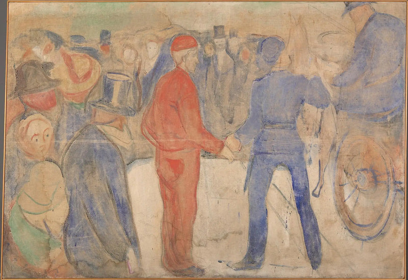 Kırmızı giysili bir adamın etrafında toplanan insanlar - Edvard Munch