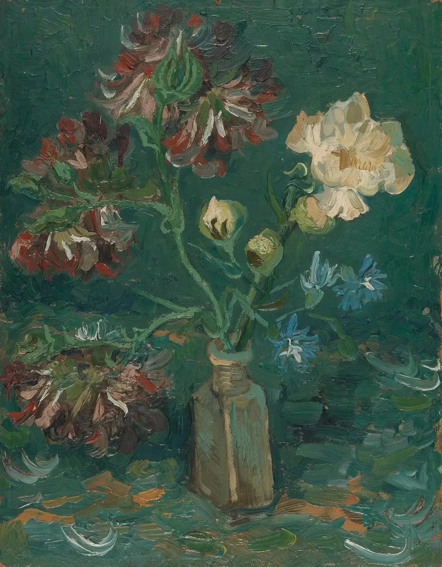 Küçük şişe içinde şakayıklar ve mavi delphiniumlar - Vincent van Gogh