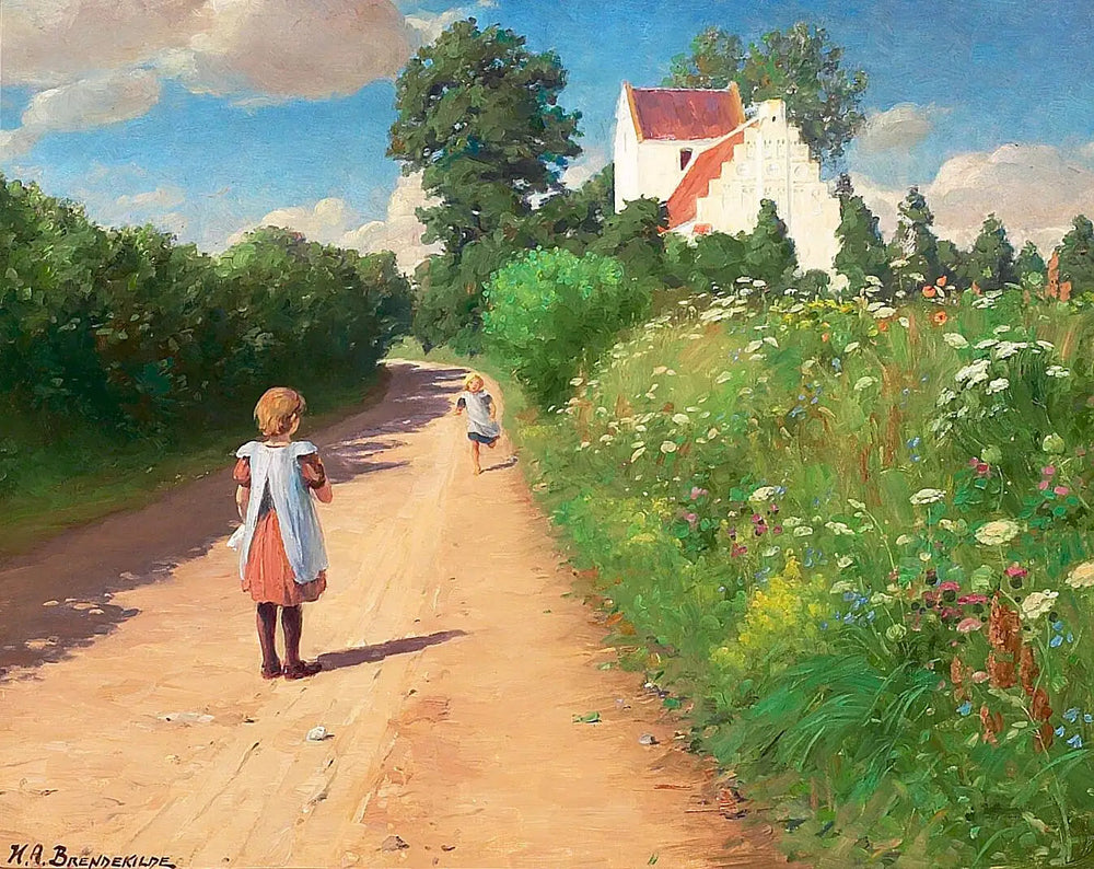 Petites filles jouant devant l’église de Brændekilde par une chaude journée d’été. - H. A. Brendekilde - Alpha