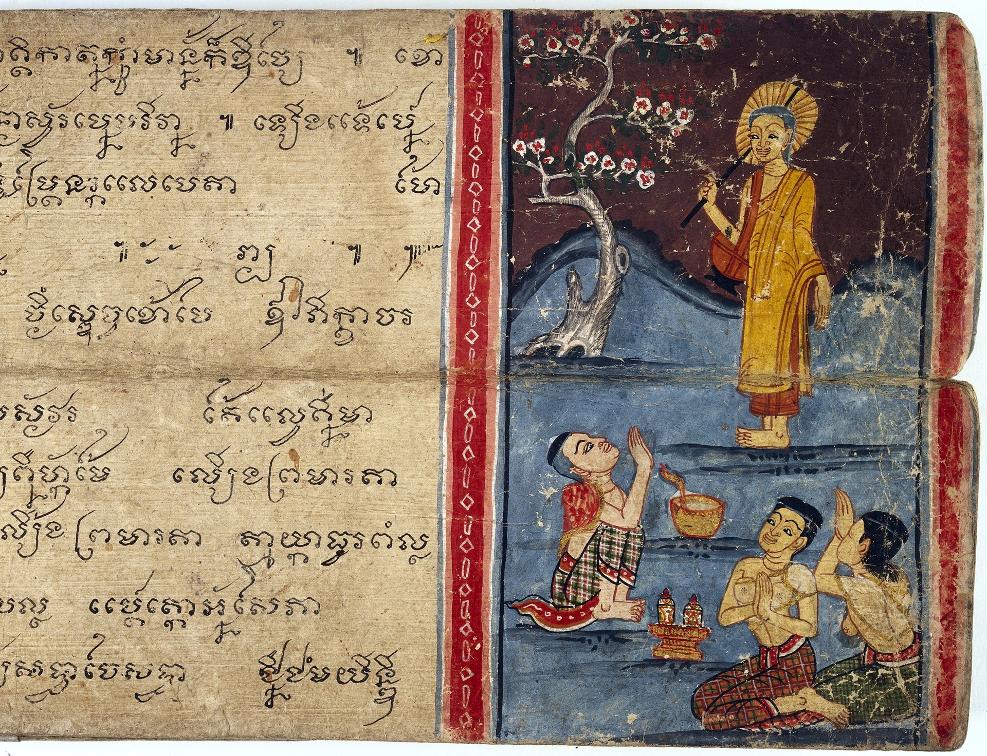 Phra Malai reçoit les offrandes des laïcs, Artiste thaïlandais anonyme, XIXe siècle