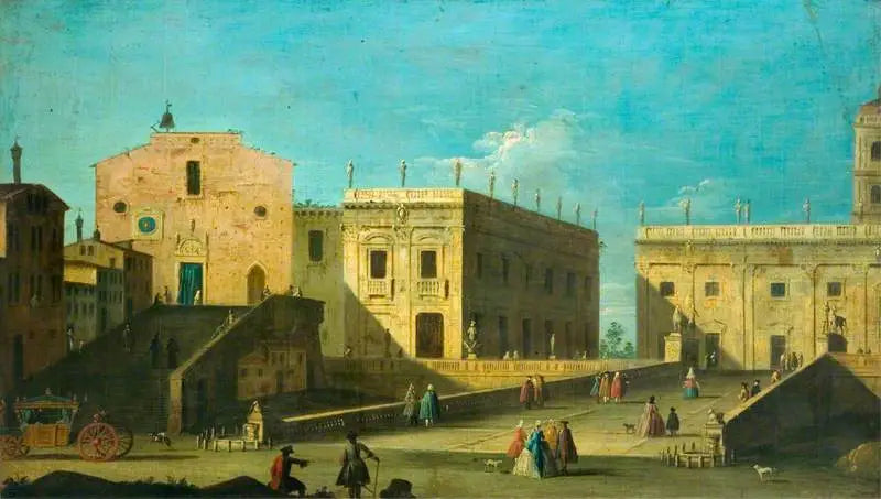Piazza del Campidoglio, Roma, sol tarafta Santa Maria in Aracoeli ile - Canaletto