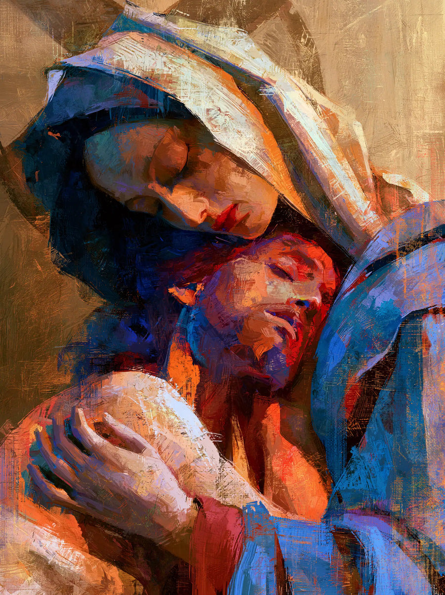 Marie sous un voile bleu soutenant le Christ avec des mains claires dans des touches corail pêche cobalt et ambre