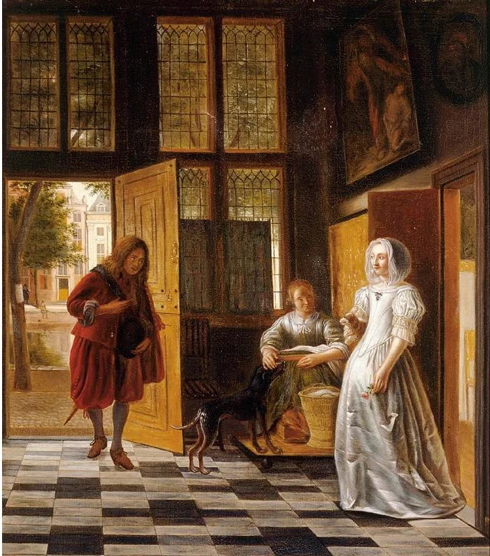 Une femme recevant un homme dans la porte - Pieter de Hooch