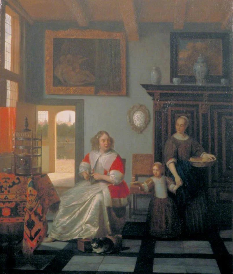 Intérieur avec une femme tricotant et une femme de ménage avec une fille - Pieter de Hooch