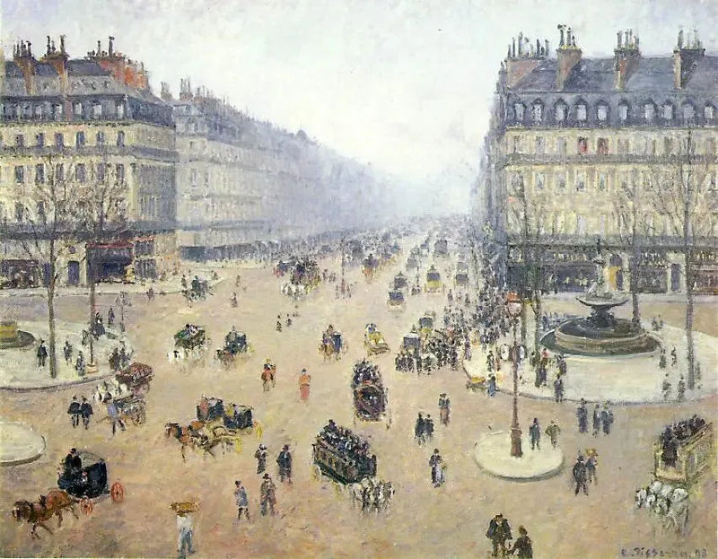 Théâtre-Français Meydanı ve Opera Caddesi, sisli hava - Camille Pissarro